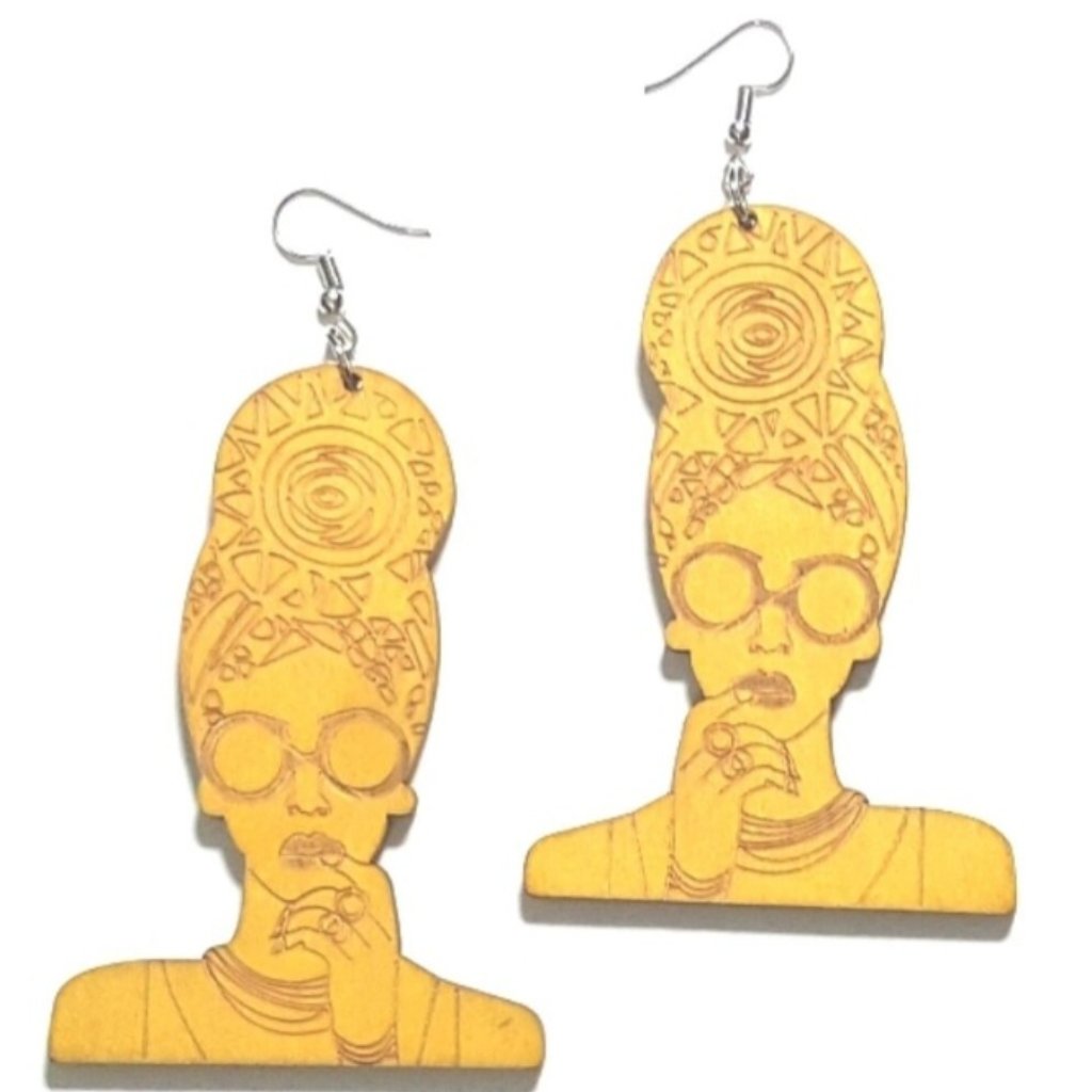 She A Goddess Turban Large Statement Dangle Wood Yellow Earrings